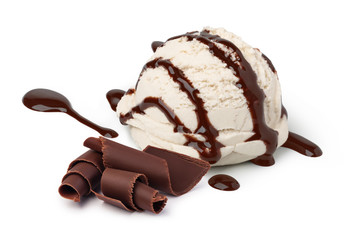 Vanilla ice cream scoop with chocolate sauce