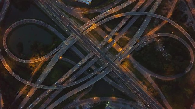 Top view of the expressway, motorway and highway in the detail of circus intersection