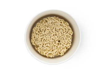 Egg noodles on a white background. Dry egg noodles in a container on a white background.