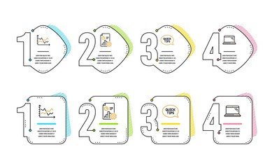 Quickstart guide, Report and Diagram chart icons simple set. Laptop sign. Helpful tricks, Presentation document, Presentation graph. Computer. Science set. Infographic timeline. Vector