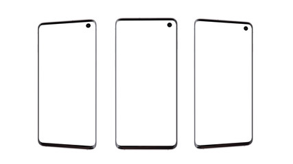 Smartphones with a blank white screen. Three smartphones on a white background.