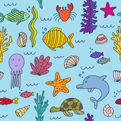 Vector seamless pattern of underwater animals and underwater plantings. Vector hand drawn illustration.