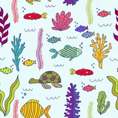 Tapeten Vektornahtloses Muster von Unterwassertieren und Unterwasseranpflanzungen. Vektor-Illustration. © Evartfinds