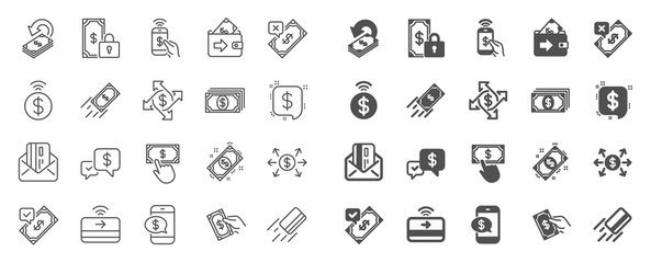 Payment wallet line icons. Set of Accept money transfer, Pay with Phone and Credit card by mail icons. Online payment, Dollar exchange and Fast money send. Private pay, Cash and Wallet. Vector