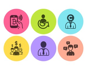 Human, Share and Copyrighter icons simple set. Salary employees, Bitcoin pay and Conversation messages signs. Person profile, Referral person. People set. Flat human icon. Circle button. Vector