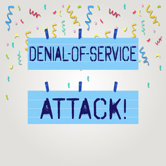 Text sign showing Denial Of Service Attack. Business photo text Attack meant to shut down a machine or network Two Color Blank Strip Size Lined Paper Sheet Hanging Using Blue Clothespin