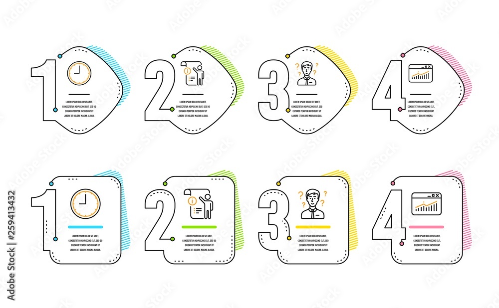 Poster manual doc, support consultant and time icons simple set. website statistics sign. project info, que