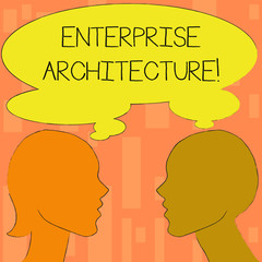 Word writing text Enterprise Architecture. Business photo showcasing practice for conducting enterprise analysis design Silhouette Sideview Profile Image of Man and Woman with Shared Thought Bubble