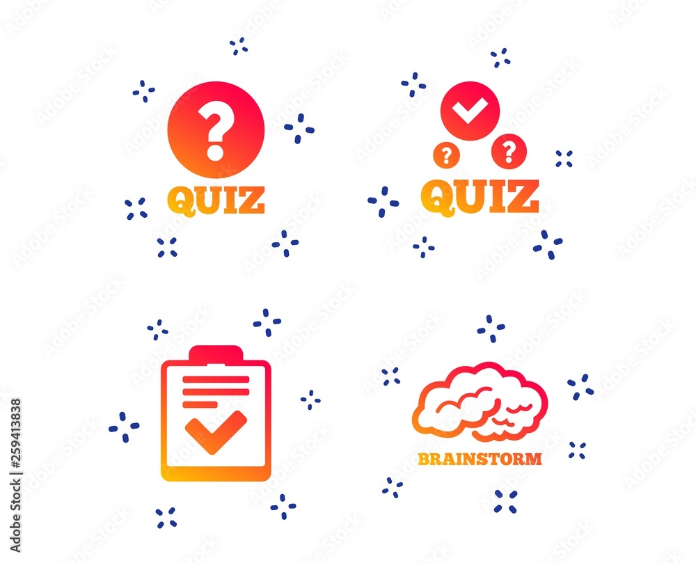 Poster quiz icons. human brain think. checklist with check mark symbol. survey poll or questionnaire feedba