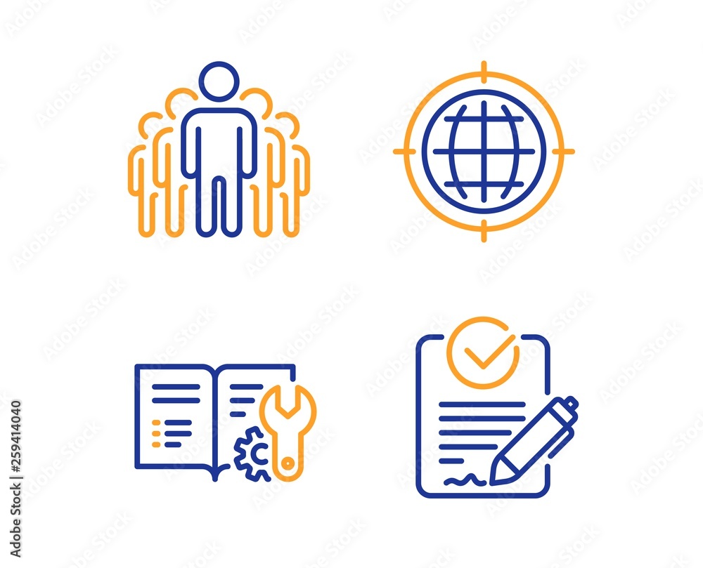Aufkleber seo internet, group and engineering documentation icons simple set. rfp sign. globe, managers, manua