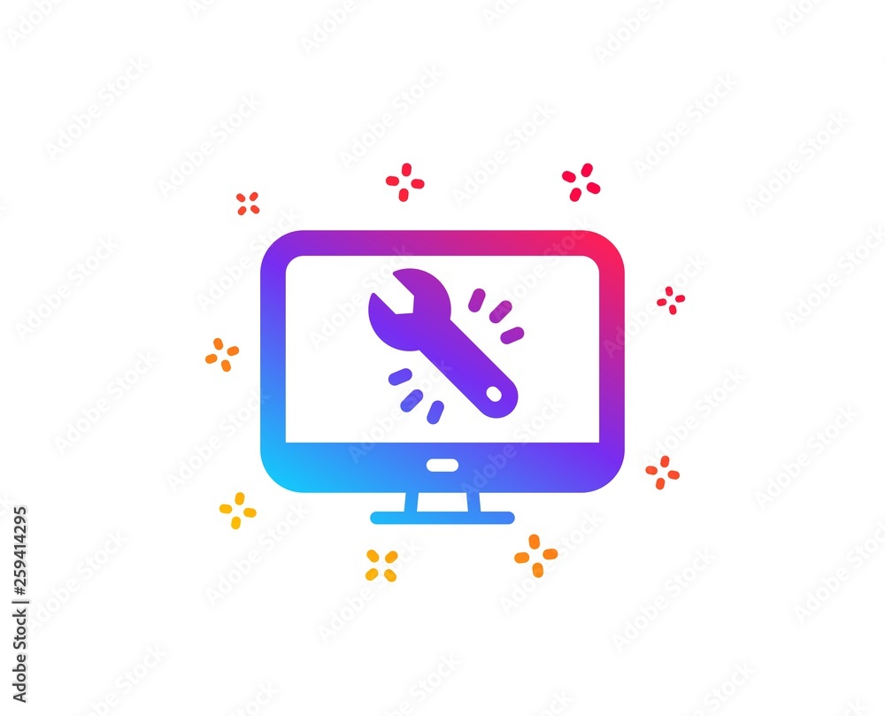 Poster spanner tool icon. monitor or computer repair service sign. fix instruments symbol. dynamic shapes. 