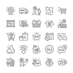 Discount line icons. Set of Sale, Shopping and New icons. Free delivery, Flight sale and Black friday discount. Hot offer, Airplane and new store. Online shopping. Black friday clearance. Vector