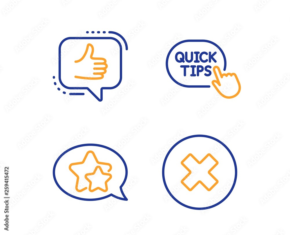 Poster quick tips, star and like icons simple set. close button sign. helpful tricks, favorite, thumbs up. 