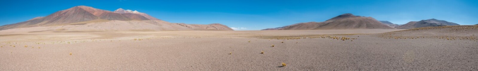The amazing landscape views at Atacama Desert altiplano, at more than 4,000 masl. Impressive scenery of the desert sands going to an infinite horizon inside the biggest solitude for a tranquil scene