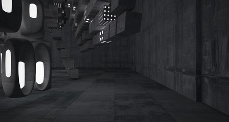 Empty dark abstract concrete room smooth interior. Architectural background. Night view of the illuminated. 3D illustration and rendering
