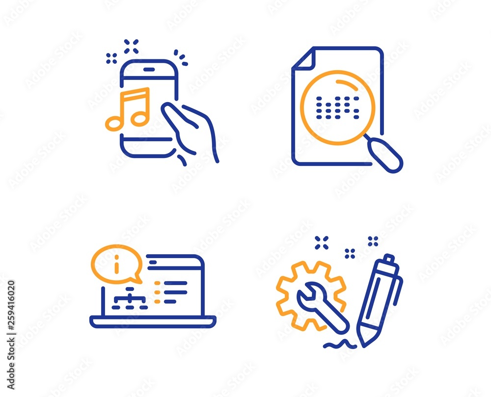 Poster online documentation, search file and music phone icons simple set. engineering sign. web engineerin