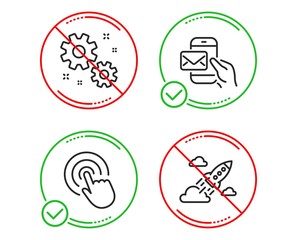 Do or Stop. Click, Messenger mail and Work icons simple set. Startup rocket sign. Cursor pointer, New e-mail, Settings. Business innovation. Technology set. Line click do icon. Prohibited ban stop
