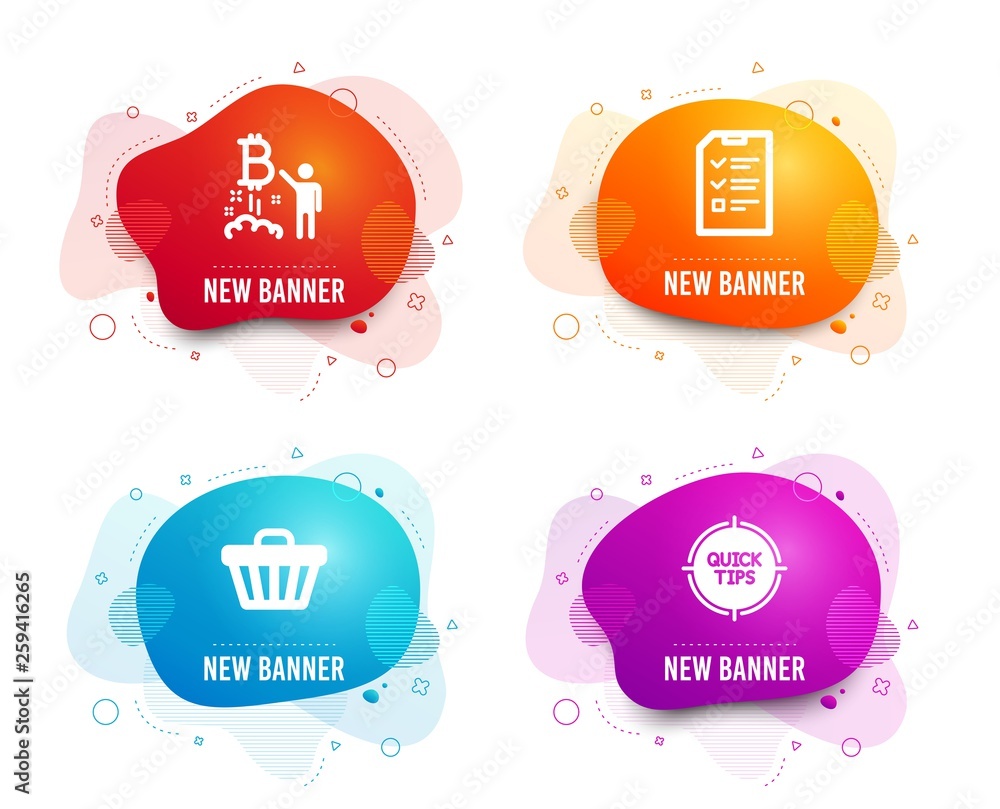 Poster liquid badges. set of bitcoin project, interview and shop cart icons. tips sign. cryptocurrency star