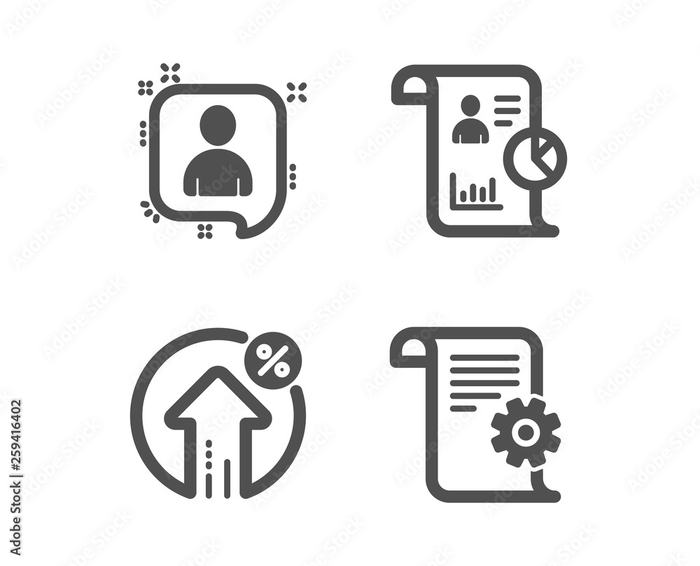 Poster set of report, developers chat and loan percent icons. technical documentation sign. work statistics