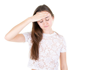 young woman thinking and stressed with headaches