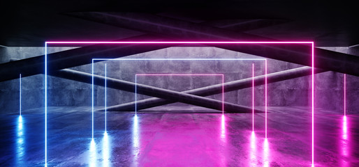 Neon Glowing Lines Purple Blue Grunge Concrete Bright Sci Fi Modern Empty Hall Garage Tunnel Corridor With White Lights Led Studio Contrast Look Reflective Room Cement Background 3D Rendering