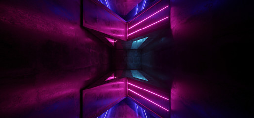 Sci Fi Neon Fluorescent Retro Glowing Purple Blue Alien Spaceship Base Underground Tunnel Corridor Refelctive Grunge Concrete Dance Club Stage Showroom Vibrant Virtual Reality 3D Rendering