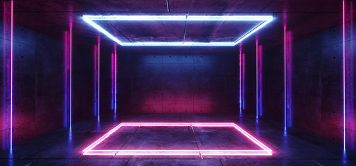Vibrant Retro Neon Glowing Purple Blue Fluorescent Futuristic Sci Fi Rectangle Shaped Abstract Stage Lights Dance Room Empty Reflective Cement Concrete 3D Rendering