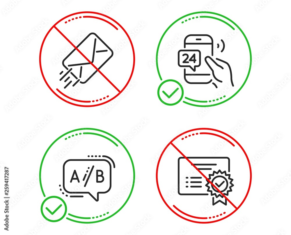 Poster do or stop. 24h service, e-mail and ab testing icons simple set. certificate sign. call support, mai