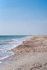 Vertical. Waves in the sea, and sandy-shell beach