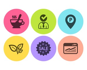 Tea cup, Parking and Vacancy icons simple set. Sale, Leaves and Website statistics signs. Coffee with spoon, Park pointer. Flat tea cup icon. Circle button. Vector