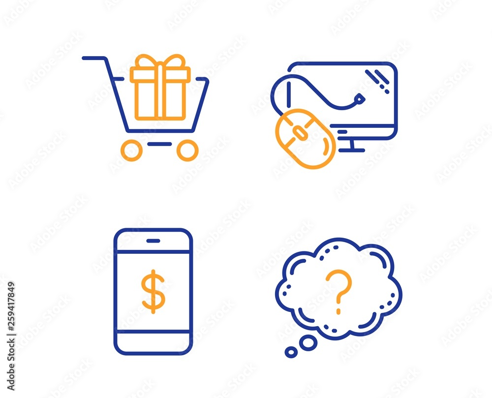 Poster smartphone payment, shopping cart and computer mouse icons simple set. question mark sign. mobile pa