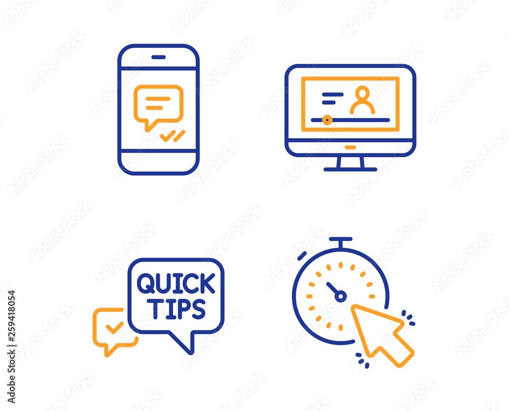 Poster quick tips, message and online video icons simple set. timer sign. helpful tricks, phone messenger, 
