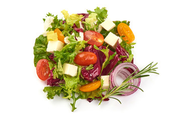 Mixed salad leaves frisee, radicchio and lamb's lettuce, close-up, isolated on white background