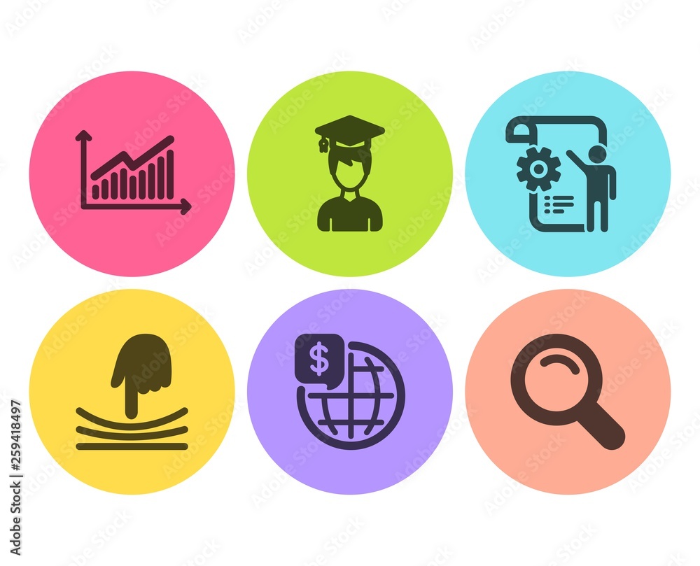 Poster settings blueprint, graph and elastic icons simple set. world money, student and search signs. engin