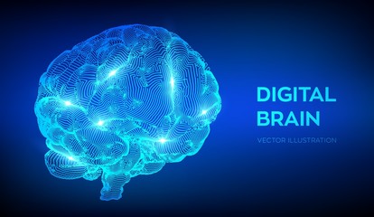 Brain. Digital brain. 3D Science and Technology concept. Neural network. IQ testing, artificial intelligence virtual emulation science technology. Brainstorm think idea. Vector illustration.
