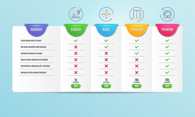 Parcel delivery, Roller coaster and Lift icons simple set. Comparison table. Bus sign. Logistics service, Attraction park, Elevator. Tourism transport. Transportation set. Pricing plan. Vector