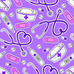 Hand drawn  nurse hospital elements vector illustration seamless pattern background