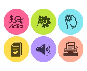 Engineering, Loud sound and Cogwheel dividers icons simple set. Check investment, Handout and Typewriter signs. Cogwheel head, Music. Technology set. Flat engineering icon. Circle button. Vector