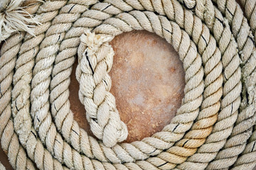 Old hemp rope coils closeup. Good background