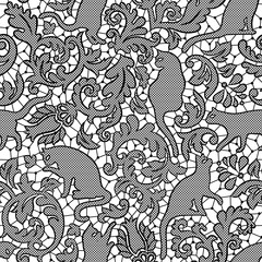 Cat damask lace seamless vector pattern. 