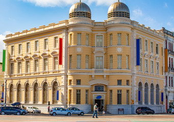 RECIFE, BRAZIL - April 04, 2019: The historic architecture of Recife in Pernambuco, Brazil at Marco Zero Square on a sunny summer day.