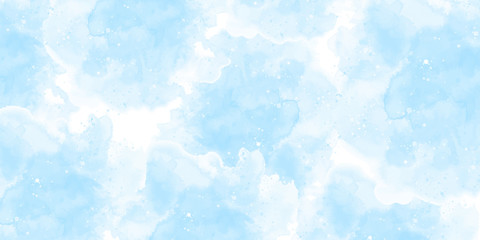 Watercolor sky with beautiful clouds. Abstract blue pastel background. Vector illustration with nice splash.  Hand painted colorful texture or backdrop.