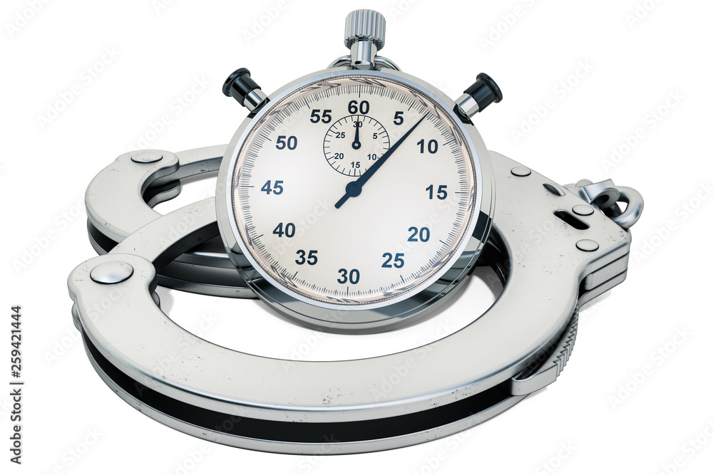 Poster handcuffs with chronometer. time management concept, 3d rendering