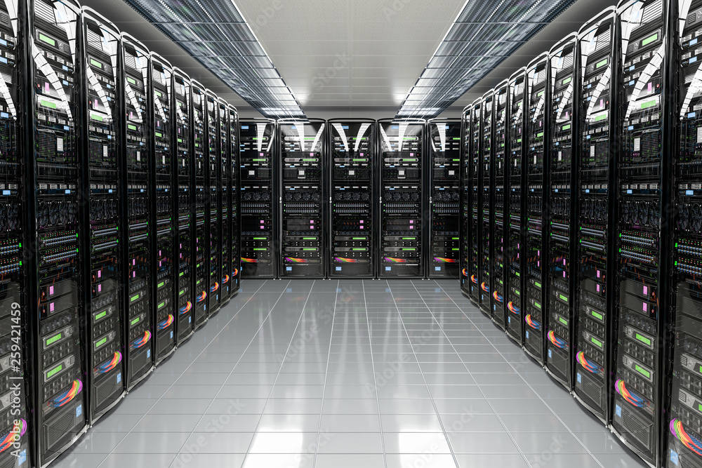 Poster data center, server room. 3d rendering