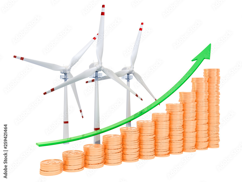 Poster wind turbines with growing chart from golden coins. 3d rendering