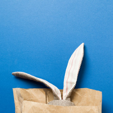 Easter Bunny in a paper bag on trendy blue background. 2019. Easter eggs. Space for text. Happy easter.