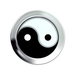 Yin and yang button icon in silver, metal frame. Vector illustration Eps 10. For design and decoration, ui or app. Spiritual relaxation of modern metallic cosmic for yoga meditation