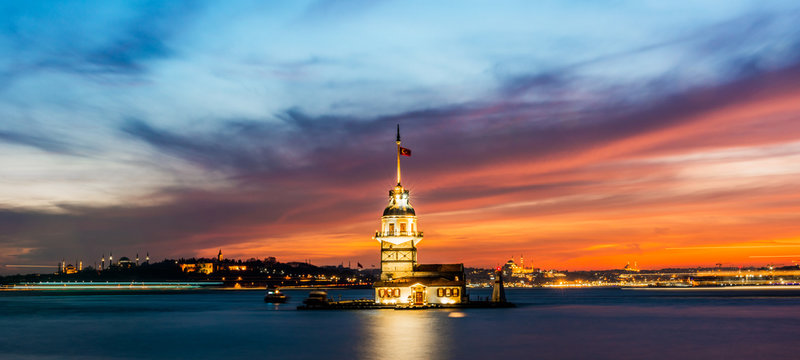 Maiden's Tower with sunset sky in Istanbul, Turkey (KIZ KULESI - USKUDAR)