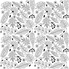 Outline handdrawn seamless background with tropical leaves and flowers. Simple cute pattern for design t shirts, posters, cards. Vector illustration