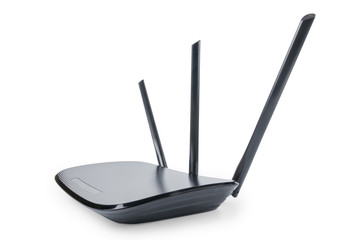Black wifi router in wide angle perspective isolated with clipping path - obrazy, fototapety, plakaty